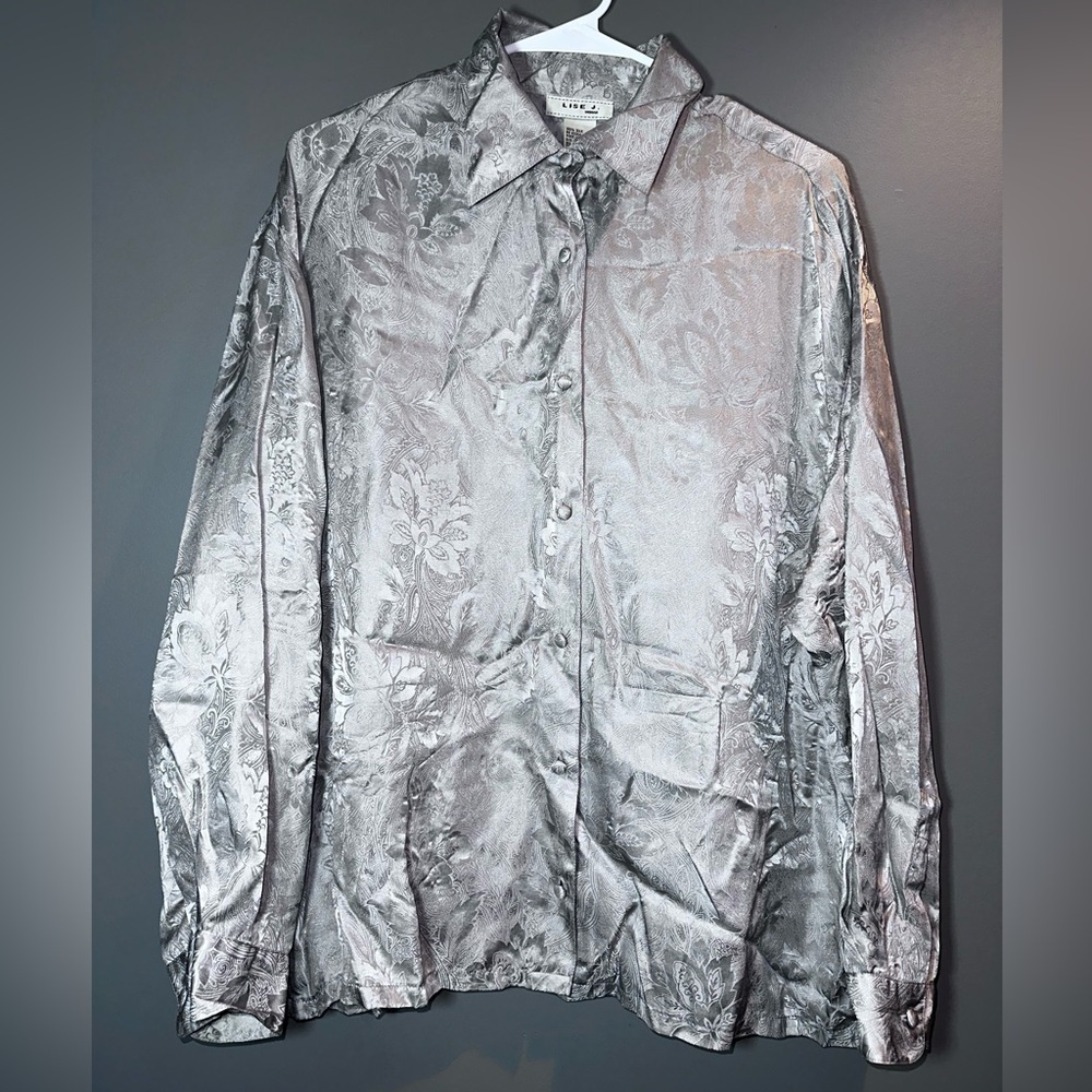 Lise J Woman 100% Silk Silver Floral Jacquard Blouse